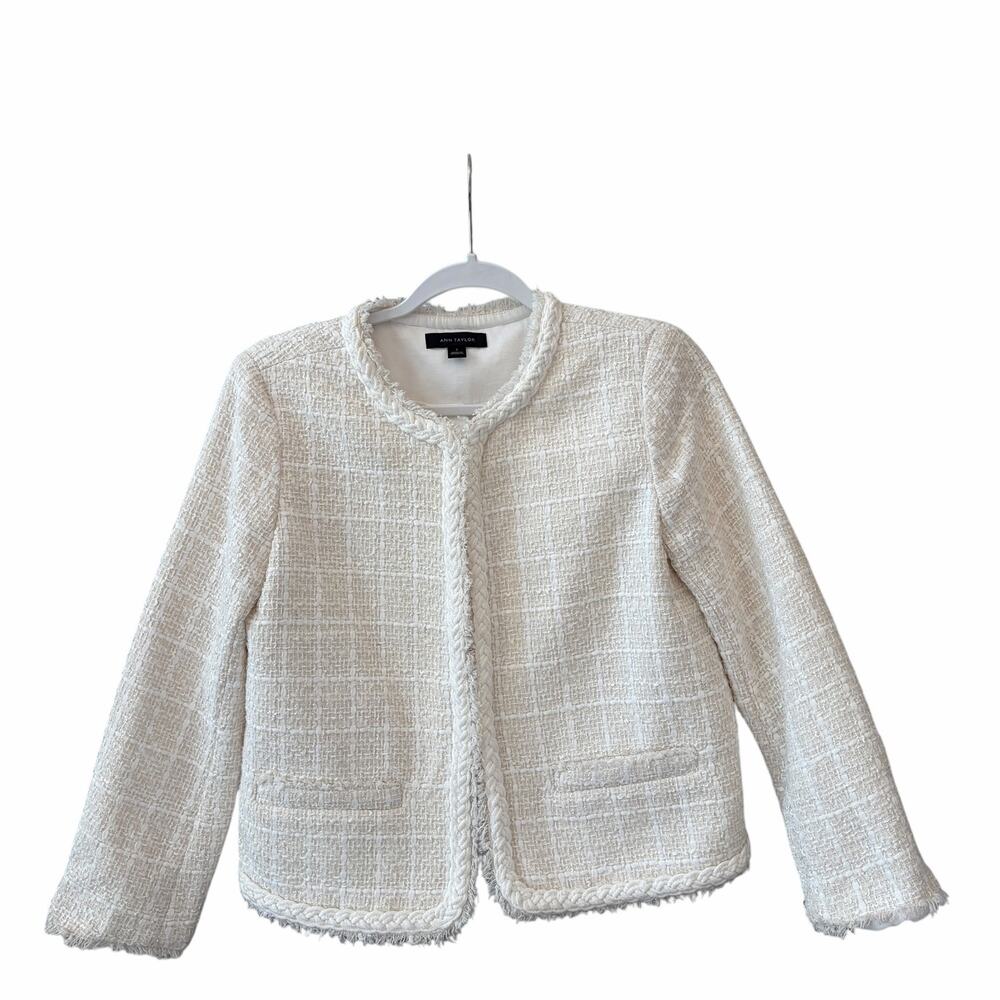 Ann Taylor Cropped Crew Neck Fringe Tweed Jacket Cream-White Women's 4P